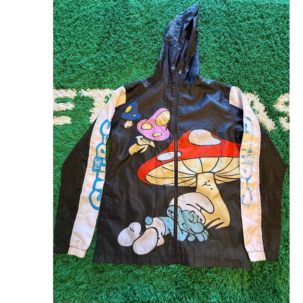 The Smurfs Windbreaker‎ Jacket Mens Small Black Good Hooded Graphic Mushroom